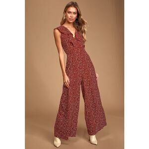 Lulus Fondest Memories Wine Red Polka Dot Sleeveless Ruffled Jumpsuit Size Med